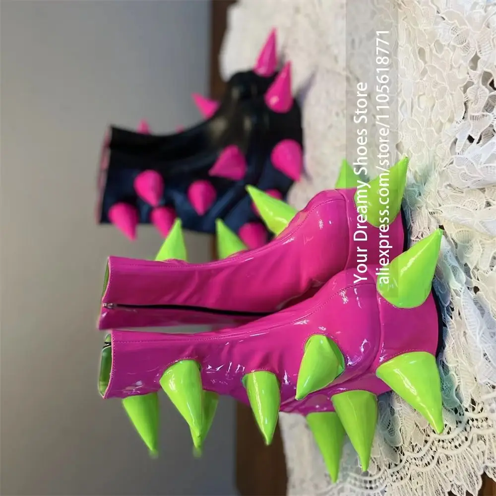 3D Fluorescent Green Spike Horn Decor Boots Inner Side Zipper Closure Super Thick Chunky Platform Sole Boot Cosplay Stage Boots