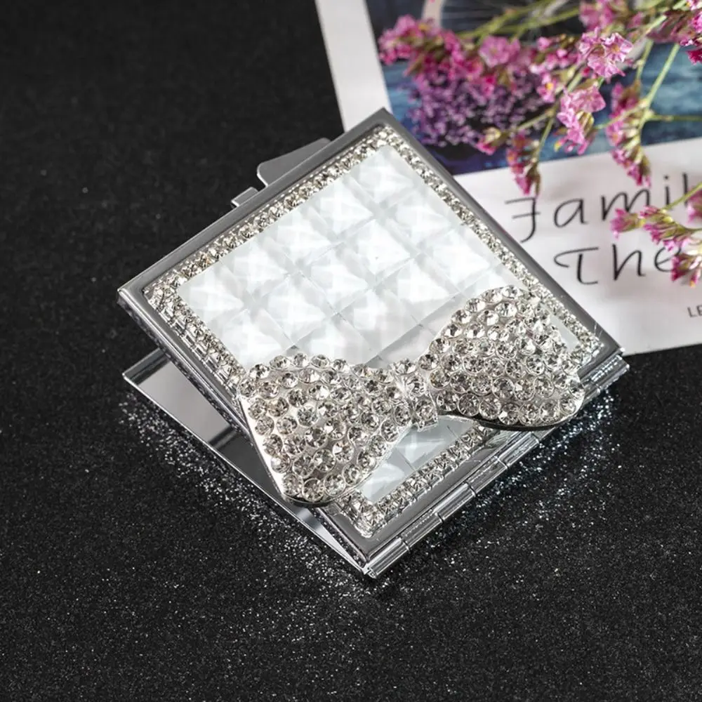 Rhinestone Decor Square Mirror Mini Rose Metal Pocket Mirror Bowknot Crystal Exquisite Mirror Children