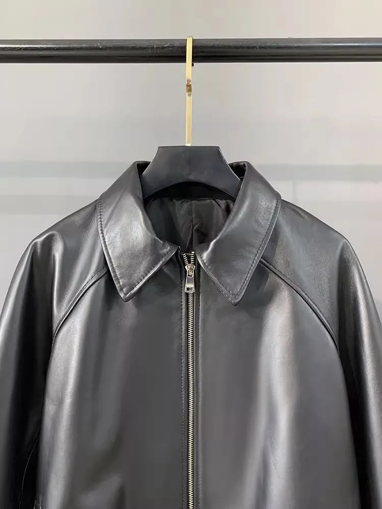 Vendita calda autunnale Giacca femminile in pelle di pecora naturale con coulisse Colletto couverture Cappotto corto Cerniere superiori Capispalla in vera pelle da donna