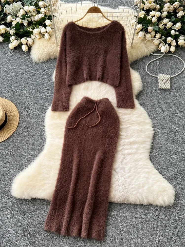 Korean Fashion Furry Warm 2PC Sets Women O-Neck Knitt Pullover+Drawstring Slim Basic Wrapped Hip Skirt Soft Sweater Suits Autumn