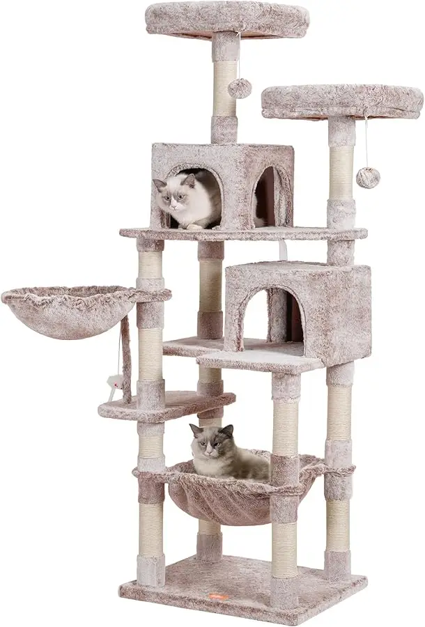 

Heybly Cat Tree, 70 inches Tall Cat Tower Condo with Toy for Indoor Large Cats, Cat House Furniture with Padded Plush Perch, Coz