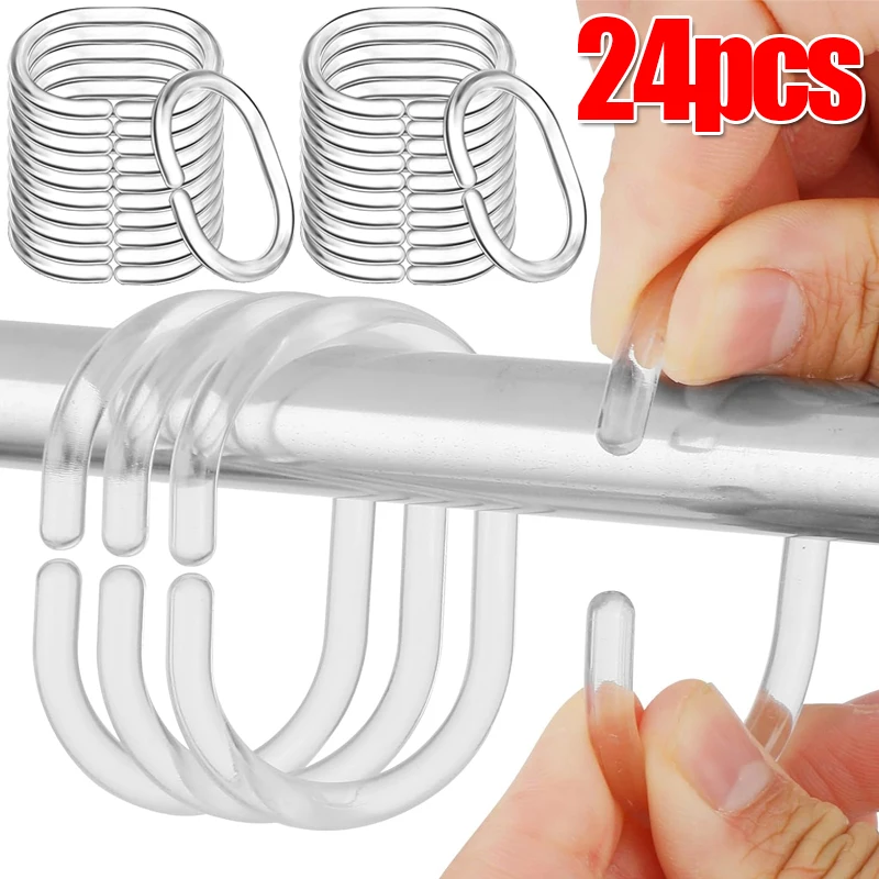 12/24PCS Clear Shower Curtain Rings Hooks C-shape Railing Hanger Hooks for Bathroom Shower Window Rod Bath Drape Loop Clips