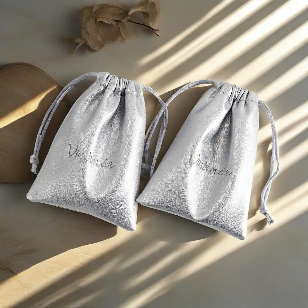 

50Pcs/Lot Silver PU Jewelry Packaging Pouches DIY Custom Logo Leather Drawstring Bags Baby Shower Wedding Favors For Guests Bulk