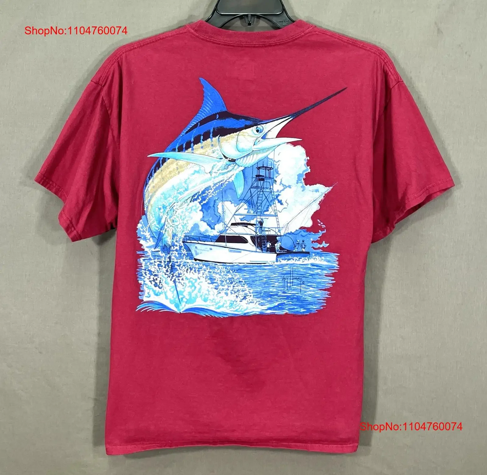 GUY HARVEY x AFTCO Bluewater BURGUNDY Knit MARLIN FISHING BOAT OCEAN T Shirt XL vintage Washed Comfortable designer clothes