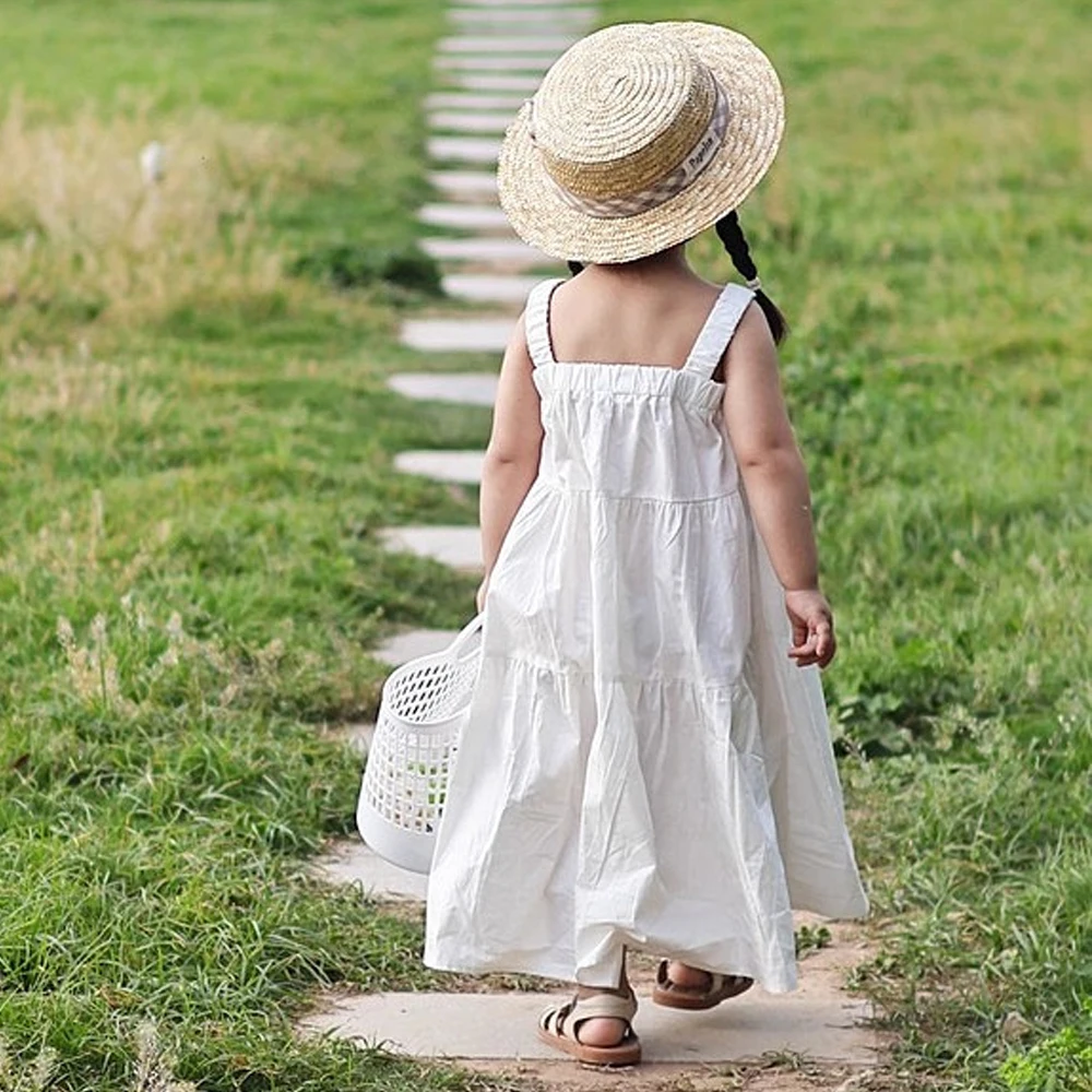 Abito da spiaggia allentato senza maniche bianco per 2-10 anni Abito da gilet per neonate 2025 Abito lungo casual nuovo estivo Abito basic in stile coreano