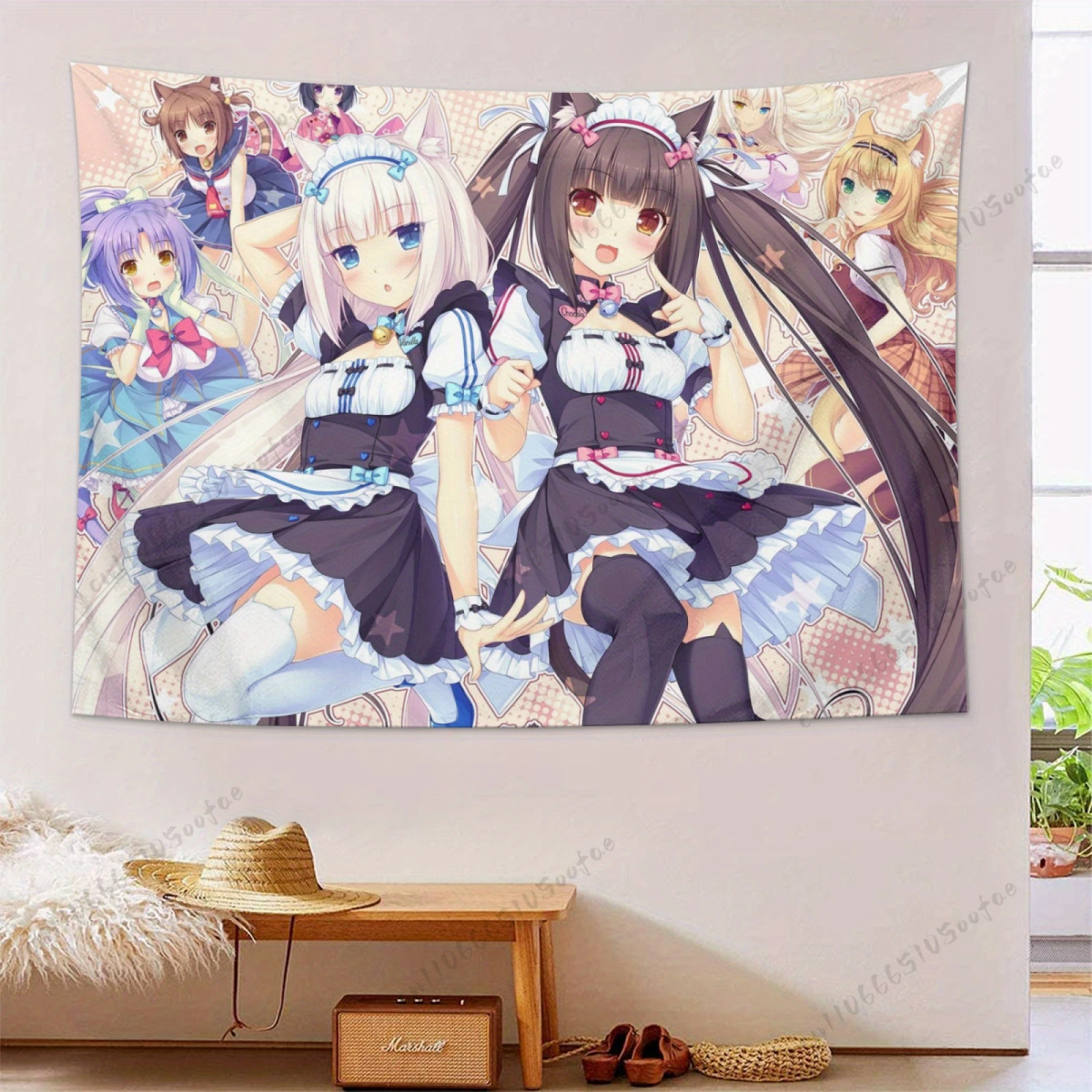 Encantador tapiz de anime con personajes de mucamas y una bandera temática de Neko Para, decoración estética para dormitorio.