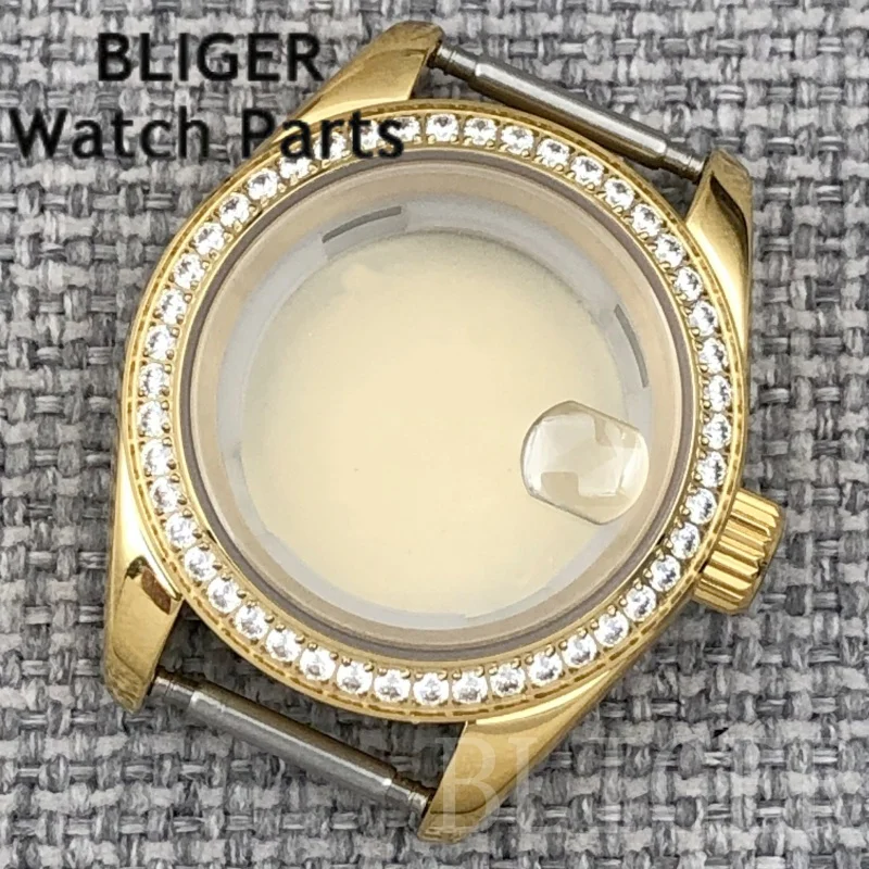 BLIGER NH05 06 28mm Cassa per orologio da donna Oro rosa Argento rivestito Anello con diamanti Vetro zaffiro Misura quadrante da 20,5 mm Adatto al movimento NH05 NH06