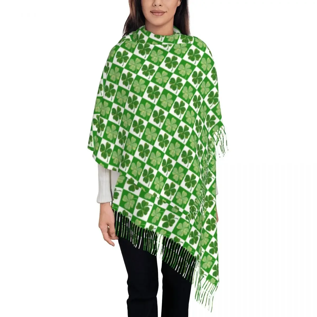 Cute Shamrock Scarf Women Checkerboard Print Head Scarves with Tassel Autumn Fashion Shawls and Wraps Outdoor Designer Foulard