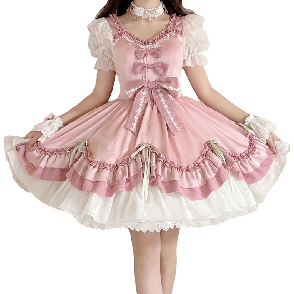 Lolita Fashion Elegant Dress Women 2024 Summer Short Sleeve Cocktail Party Prom Vacation Graduation Casual Pink Mini Dress