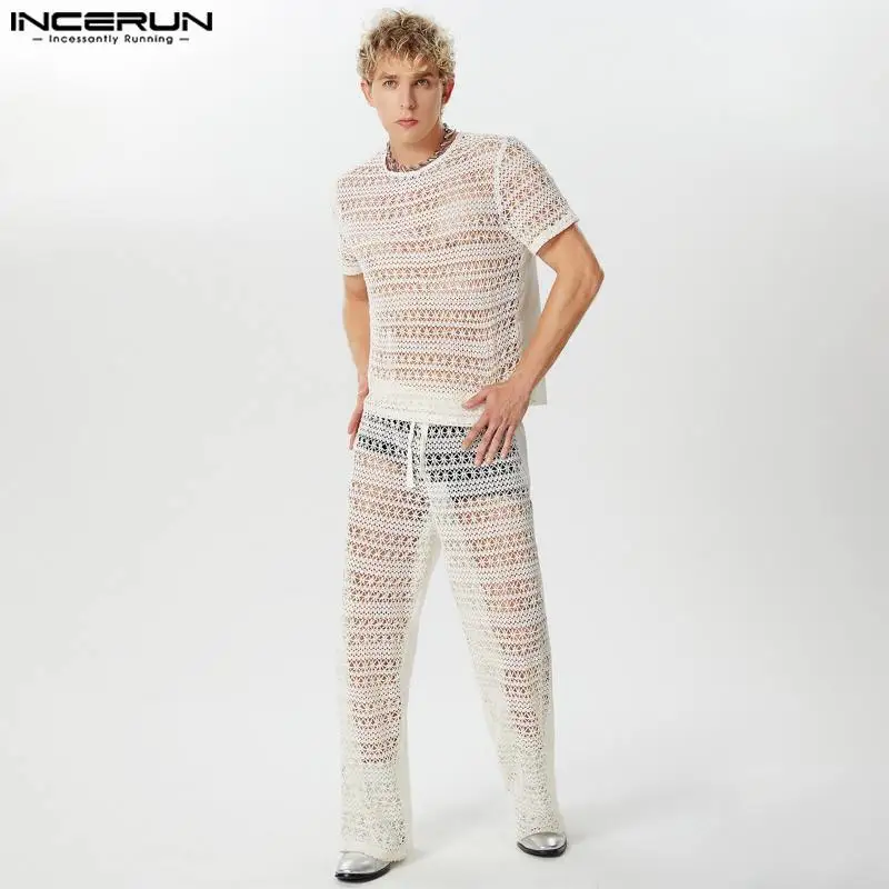 INCERUN 2024 American Style Fashion Sets Men\'s Hollowed Lace Short Sleeved Tops Long Pants Casual Streetwear Suit 2 Pieces S-5XL