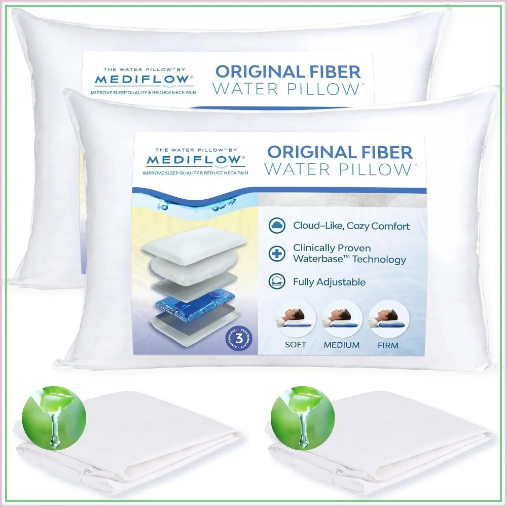 Adjustable Water Pillow for Neck Pain, 2 Pack with Aloe Vera Covers, for Side Back Stomach Sleepers