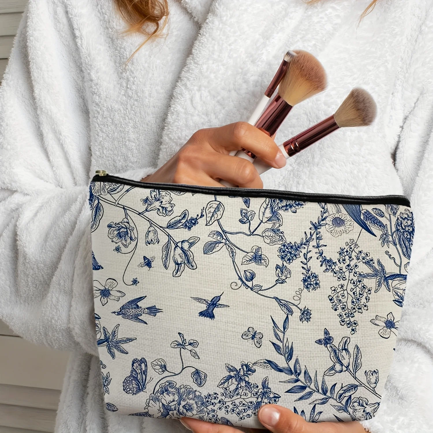 Blaue Make-up-Tasche mit Blumenmuster im chinesischen Stil – multifunktionale Reißverschlusstasche, Schmuck-Aufbewahrungstasche, perfekte kleine Reise-Aufbewahrungstasche mit Reißverschluss