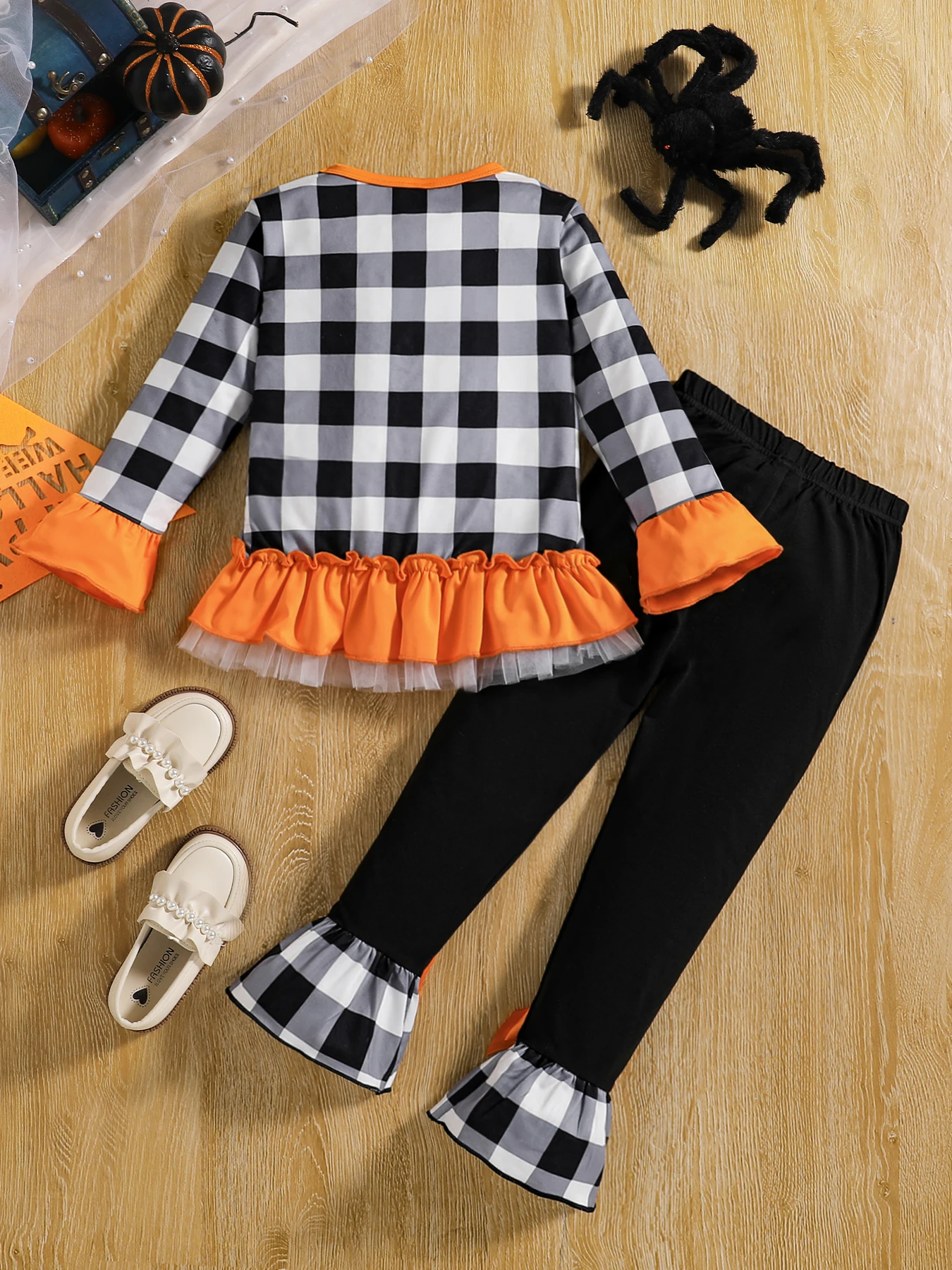 Autumn children\'s pumpkin head embroidered checkered shirt+black casual pants set two-piece casual outfit