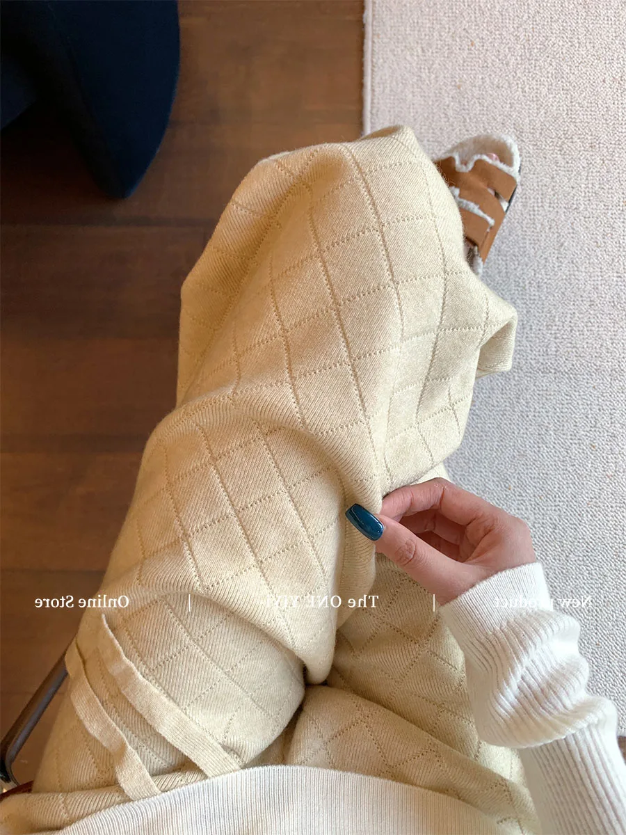 Khaki Diamond Pattern Knitted Wide Leg Pants Women's Casual Drape Slim Straight Knit Trousers Korean Style Natural Waist