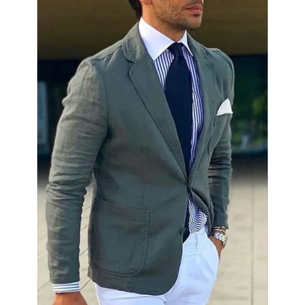 

Men's Jacket Cotton Linen Casual Blazer 2 Buckles Slim Fit Stylish Jacket Elegant and Fashionable Commuting Large Pocket