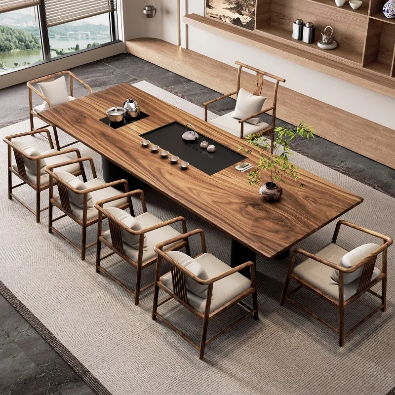 

Walnut tea table and chair combination solid wood large board table office tea table light luxury high sense