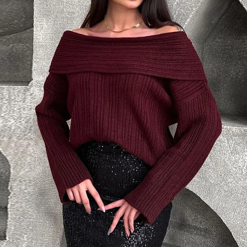 Fall Ladies Elegant High Street Sweater Vintage Solid Color Long Sleeve Commuter Sweater Sexy One Shoulder Thick Knitted Sweater