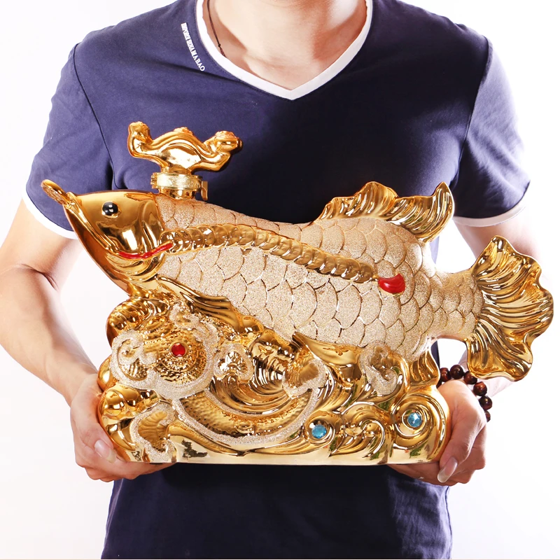 46CM LARGE TOP COOL home OFFICE BAR CLUB Business ART FENG SHUI Money Drawing Gold Dragon Fish Arowana Ornament Wine pot statue