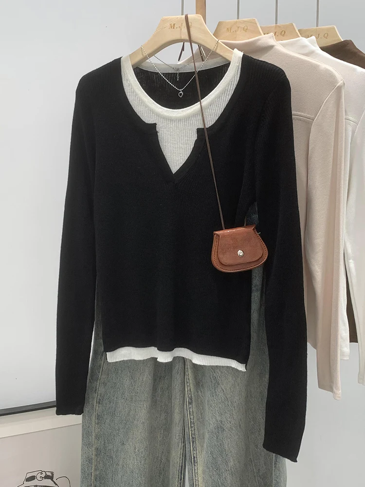 

Женская свободная вязаная базовая кофта для похудения, осенне-зимняя модная трикотажная одежда с защитой от морщин, с вырезами, в корейском стиле