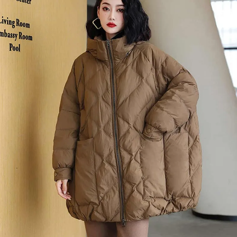 Down Jacket Women\'s New Style White Duck Down Hooded Korean Version Loose Simple And Versatile Coat Trend