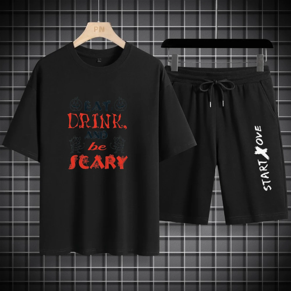 

2025 Luxury Polyester Fiber Mens Red English print Set Casual Elegant Comfortable Wear Fashion Sports T-shirts+shorts suits
