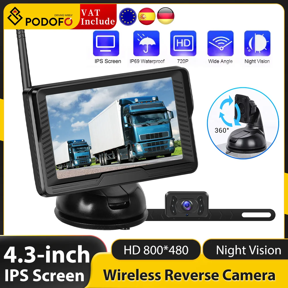 Podofo .3-inch IPS Screen Wireless Reverse Camera Anti-interference Long Range IP69 Waterproof Infrared Night Vision