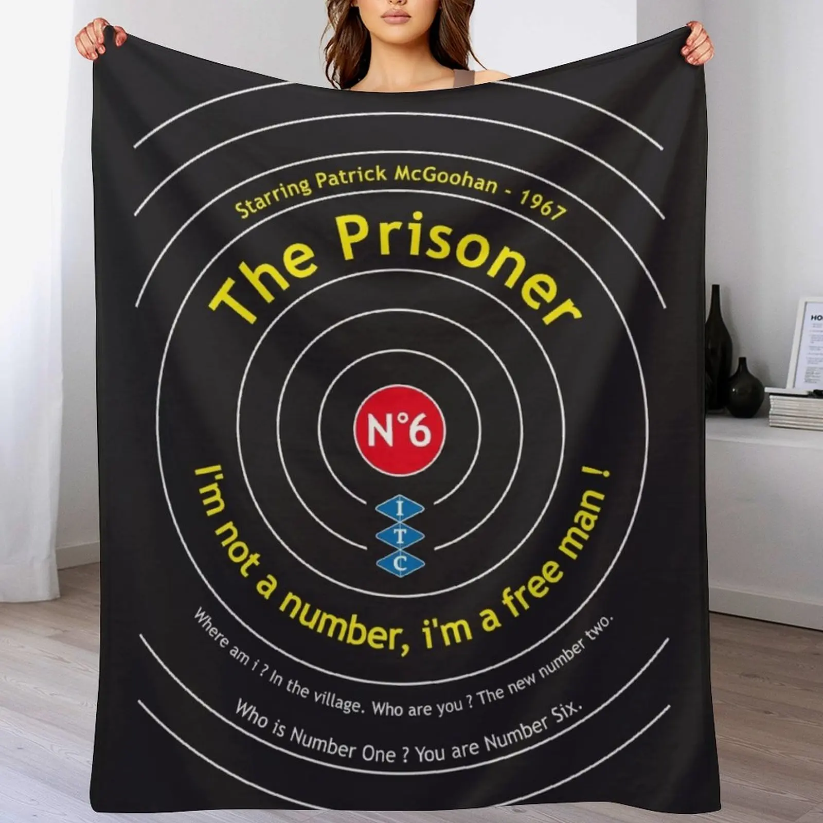 

The Prisoner Number 6 McGoohan Portmeirion Design Vintage Poster Throw Blanket Tourist Large wednesday Hairy Blankets