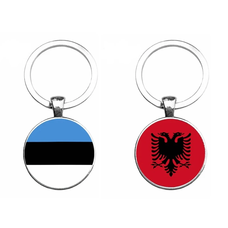 Albania Estonia Flag Key Chain Jewelry Round Glass Cabochon Pendant Car Handbag Keychain For Men Women