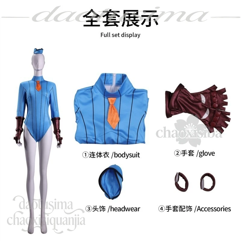 Street Fighter Cammy White Complete Cosplay Set Blue Stripes Bodysuit Jumpsuit Matching Headwear Gloves For Anime Dress‑up view 6