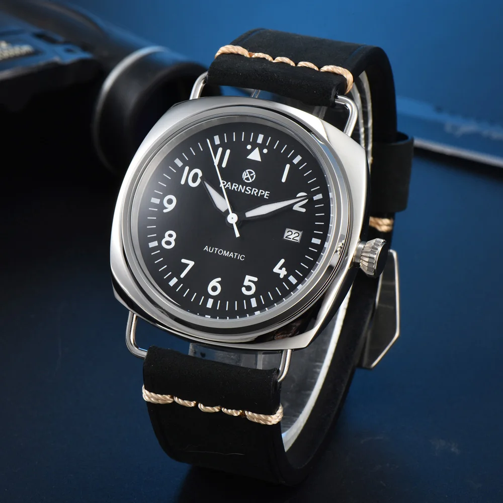 45 مللي متر ساعة رجالية ريترو إيطالية 9 ألوان NH35/6497 Move 316L الفولاذ المقاوم للصدأ الأخضر لوم دليل لف ساعة جلدية