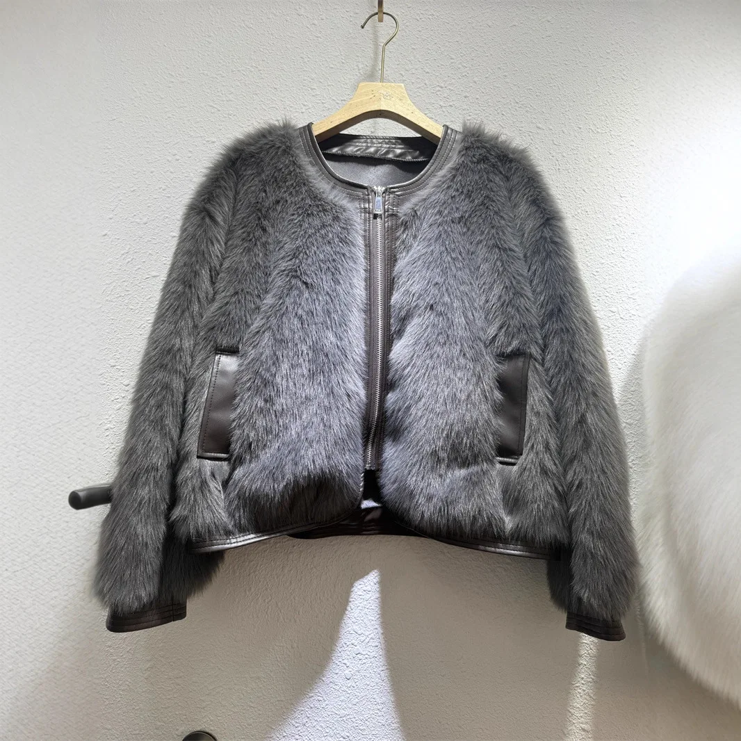 Faionable Pelz Patchwork Abnehmen Trendy Damen Jaet Motorrad Sle ort Leder Pelz Simulation Frühling 2025,