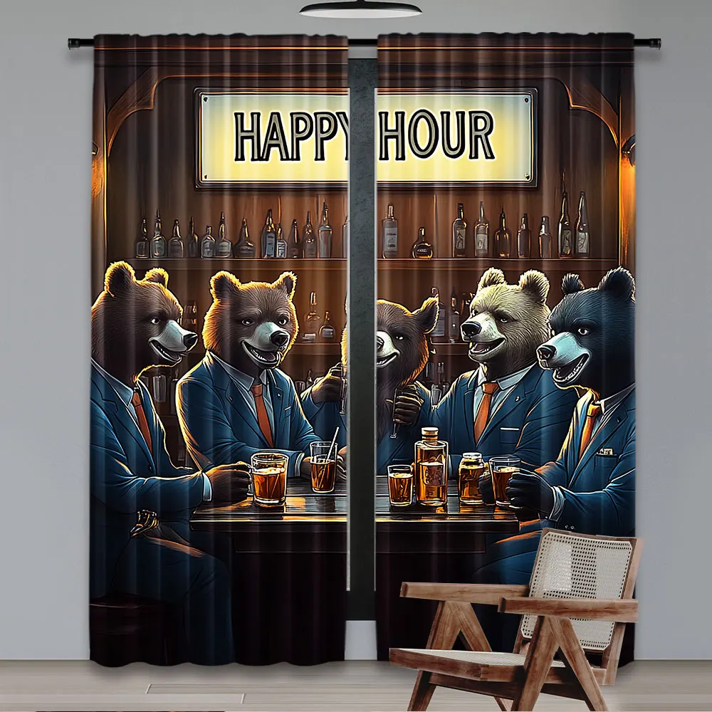 2Pcs Humorous Curtain Happy Hour Bears In Retro Classic Pub Scene Anthropomorphism For Bedroom Bathroom Living Room Dining Room