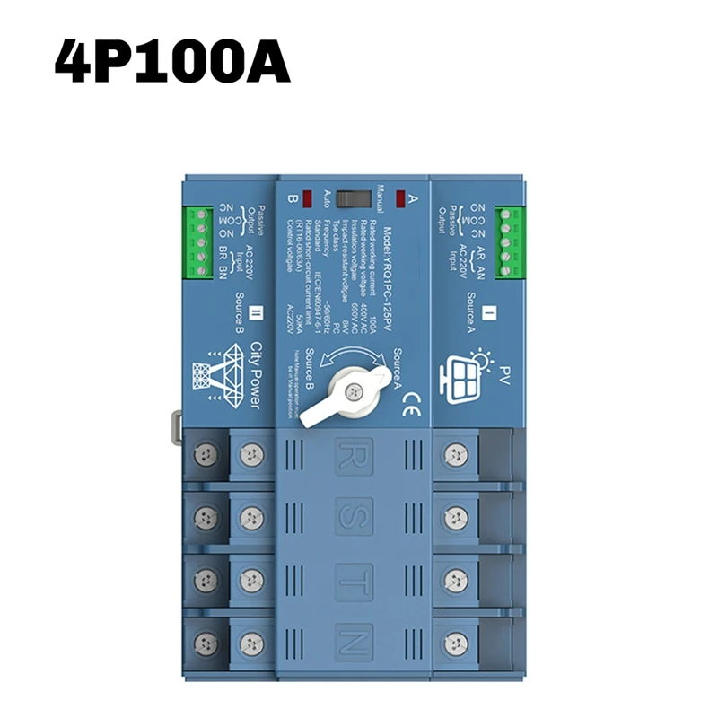 Автоматический резервный переключатель двойного питания ATS для генератора или фотоэлектрической энергии для города, переключатель солнечного инвертора 4P100A