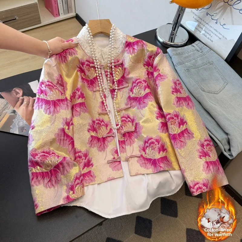 

New Chinese Sle Tang Costume Hanfu round Ne Buttoned Cotton Long Sve Embroidered Satin Women's Outerwear Warmth Coat