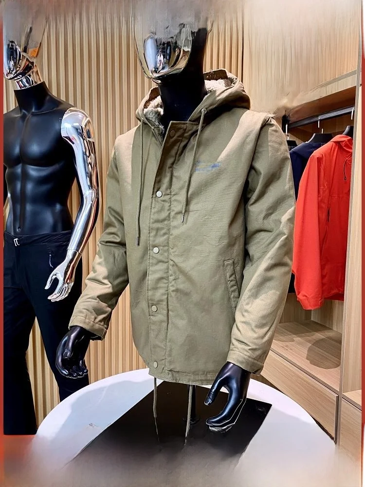 

Outdoor Men's Hooded Printed Jaet Casual Lamb Velvet Cotton Coat Warm Thiened Long Sve Loose Fit Sle for Autumn Winter