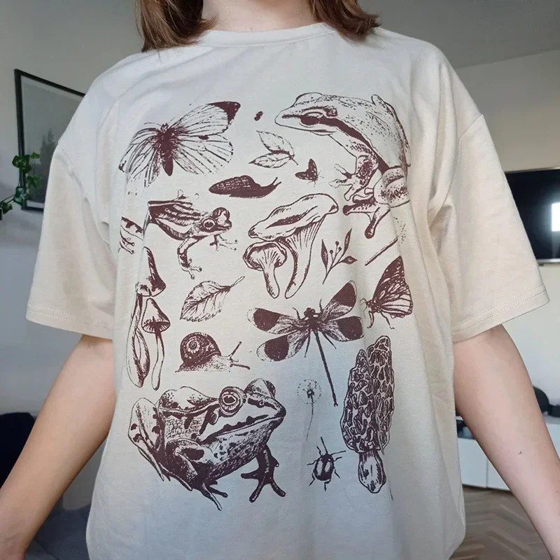 

American Retro Ins Cute Aesthetic Frog Mushroom Print Shirt T-shirt Fashion Ladies Street Personality Casual Half-sleeved Top