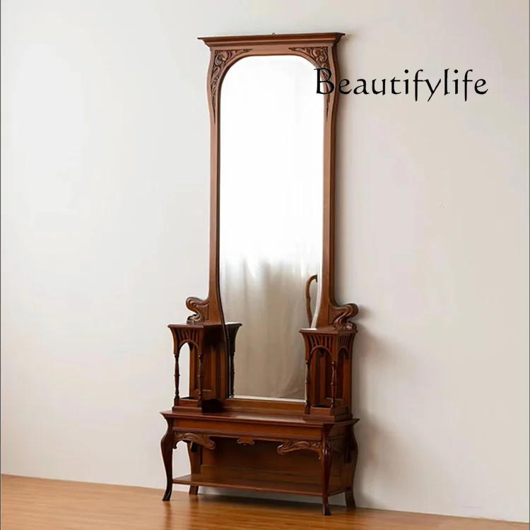 

European solid wood carving old floor mirror retro neoclassical carving new Chinese makeup and hat mirror