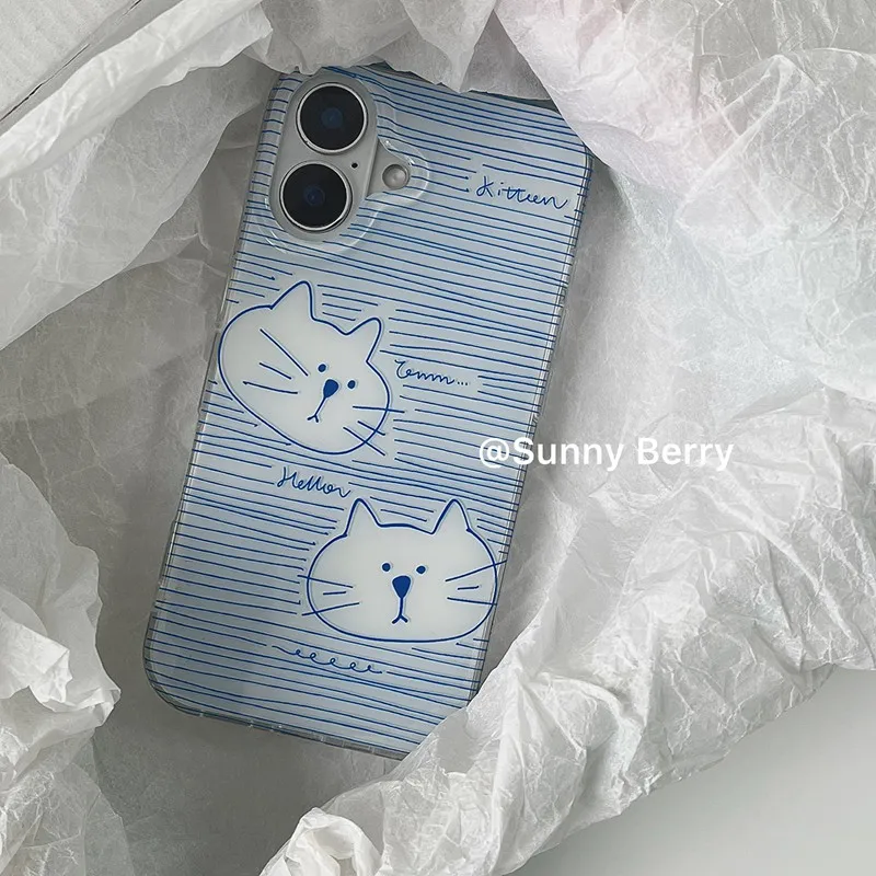 Korean Ins Blue Striped Kitten Cat Y2K Phone Case For iPhone Ultra 18 17 Air 16 15 14 13 12 11 Pro Max Plus Anti-Yellow Cover - view 4