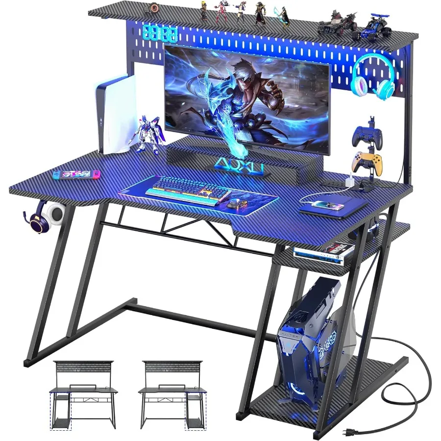Gaming Computer Desk with Shelves and Outlets Gaming Desk with Hutch and LED Lights Reversible PC Gaming Desks with Pegboard Ca