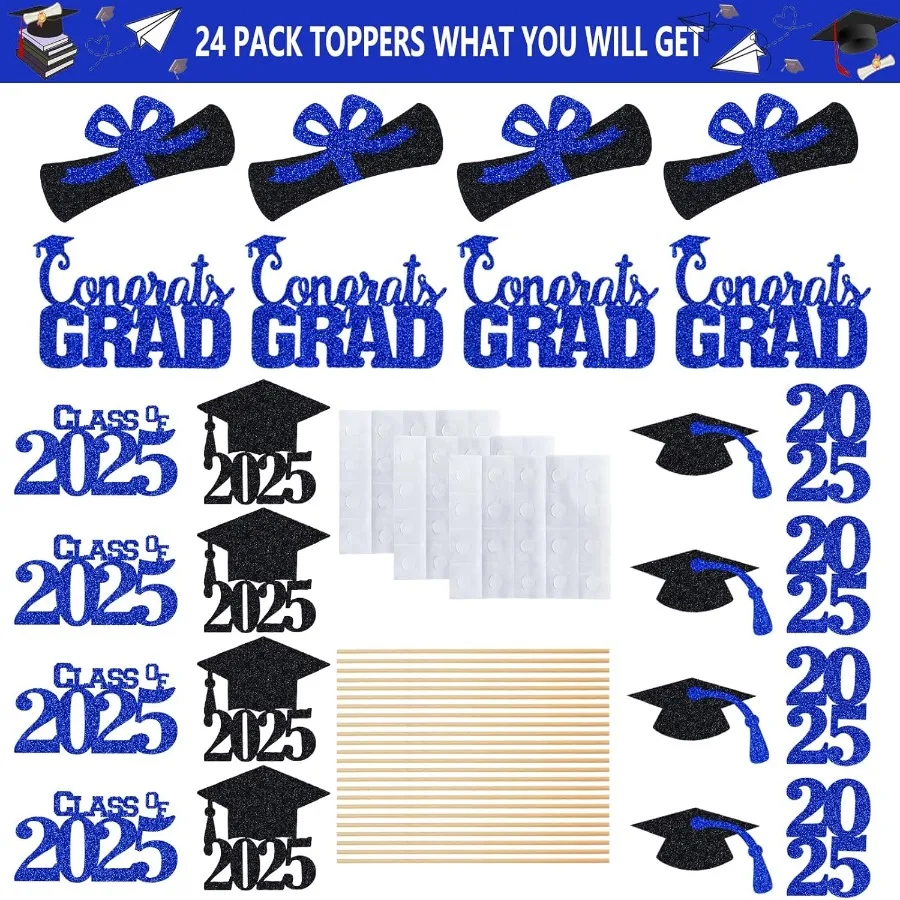 24個入り 2025年卒業式テーブルセンターピース スティック ブルー 卒業パーティー テーブルセンターピース 2025年 ブルー 2025年 テーブルセンターピース