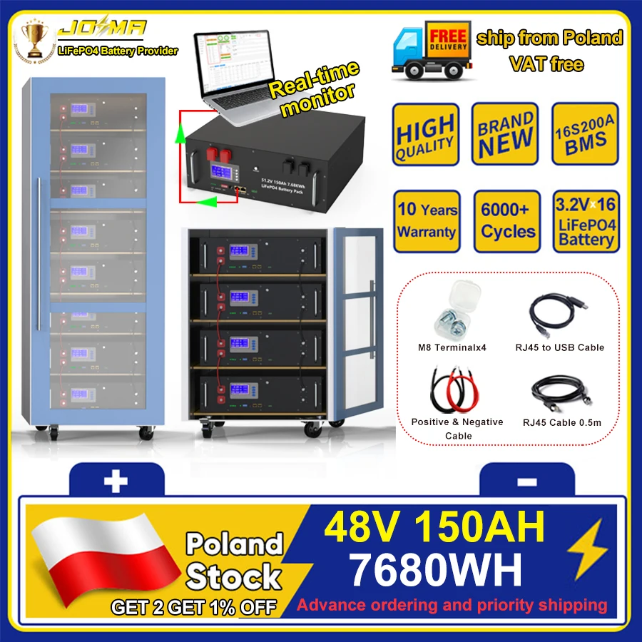 

48V LiFePO4 150Ah 100Ah 200Ah Battery Pack 51.2V 7KWh 10KWh Built-in 16S 200A BMS Max 32 Parallel 10 Years Lifespan EU Warehouse