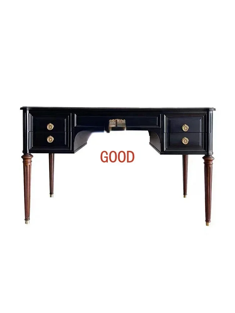 

Style Solid Wood Desk French Retro Solid Wood Computer Desk Home Black Rectangular Integrated Table