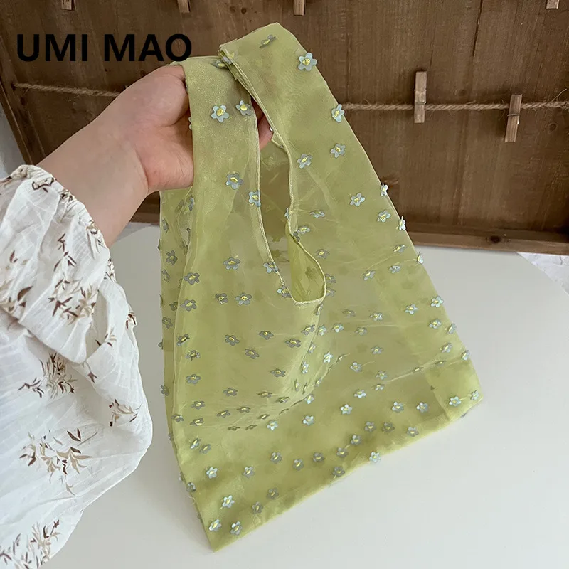

UMI MAO Pickled Vegetable Green Flower Embroidered Mesh Bag Fairy-like Summer Fresh Mesh Handheld Flower Bag Y2K