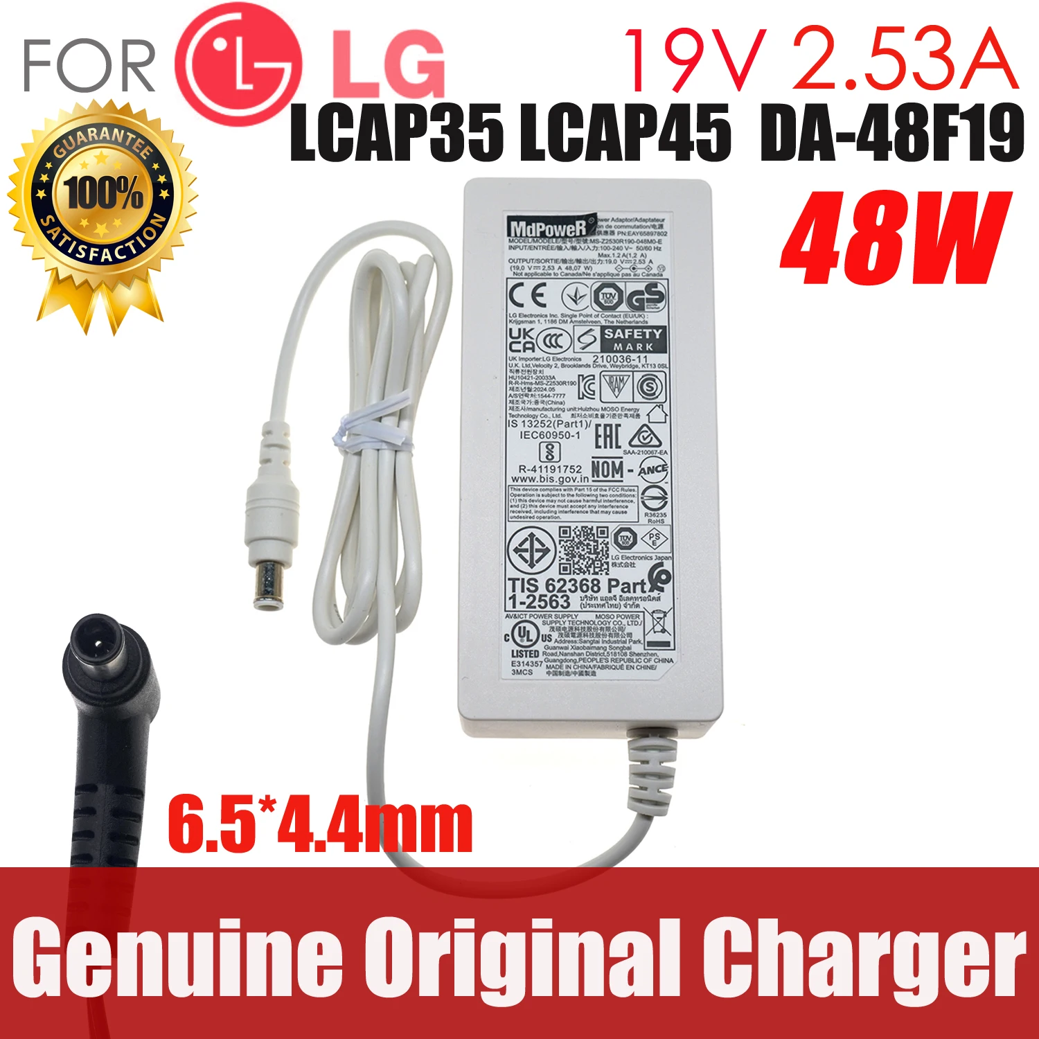 

Original 19V 2.53A 48W Charger AC Adapter for LG Monitor 19” 20” 22” 23” 24” 27” 29" 34" Power Supply LCAP35 LCAP45​ DA-48F19