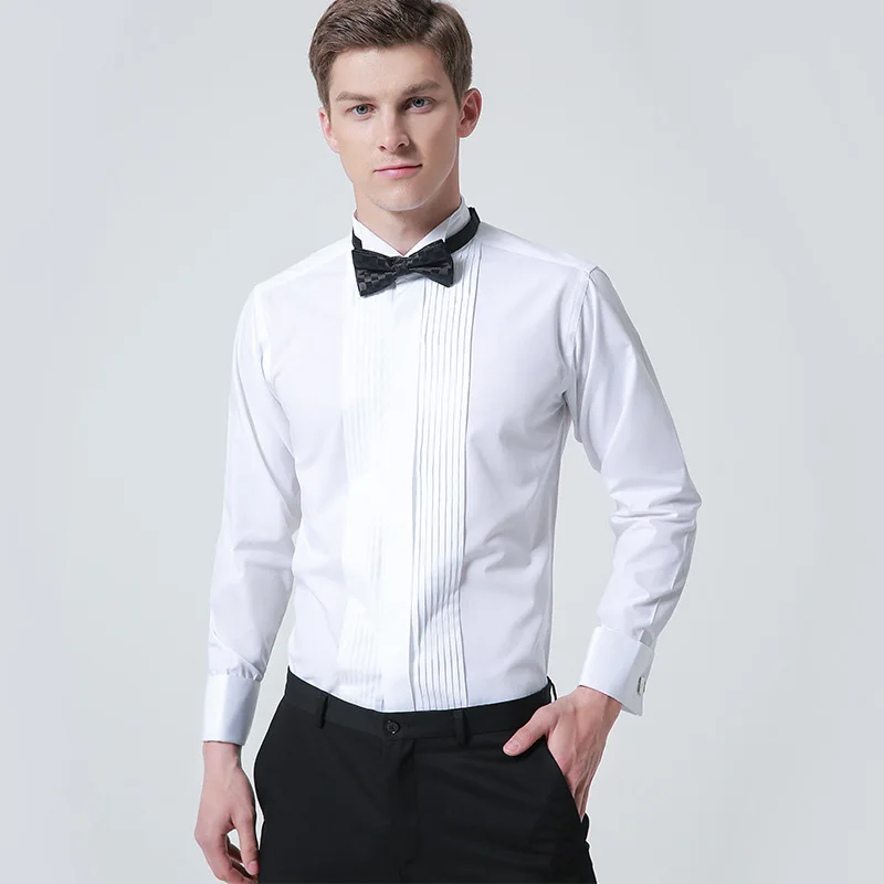 

Wing Tip Tuxedo Dress Shirt Long Sleeve Men's French Cuff Button Wedding Dress Shirts Wingtip White Black Pleat with Bowtie