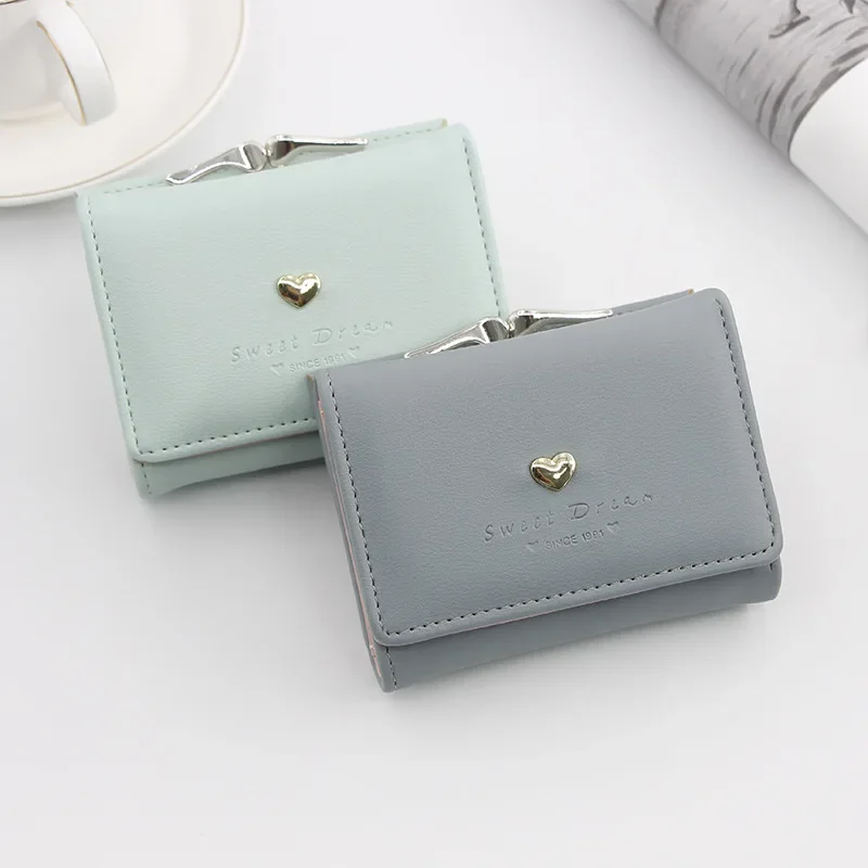 New Candy Color Fashion Women Coin Purse Leather Solid Color Vintage Short Wallet Heart Hasp Ladies Girls Card Holder Clutch Bag