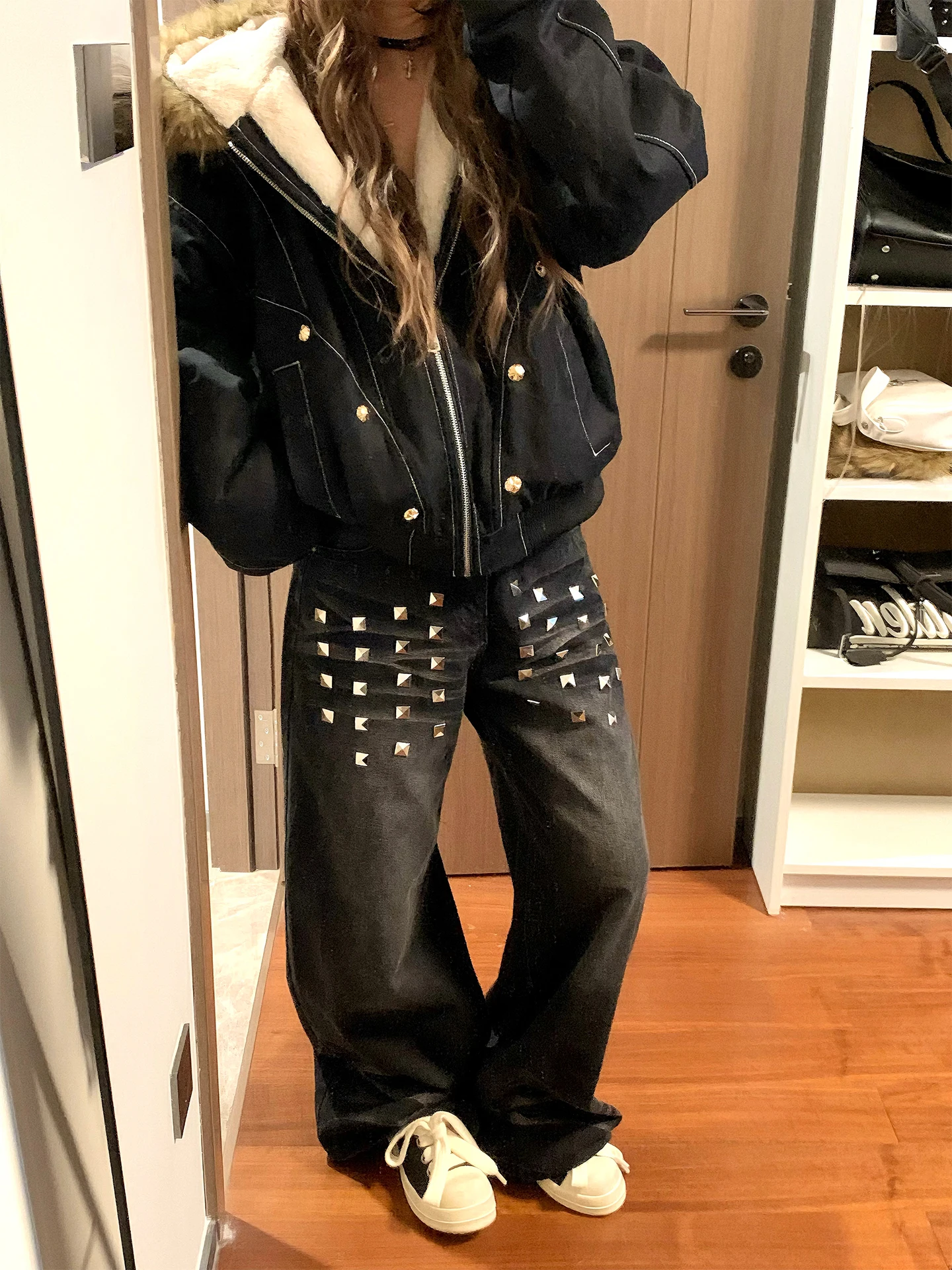 

Milione Women's Bla Wide Leg Jeans Rivet American Sle Retro Loose Fit Casual Pants Neutral Waist Cotton Zipper All Seasons