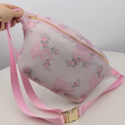 New pink bow printed waist bag, women's chest bag, women's handbag, functional crossbody bag fanny pack