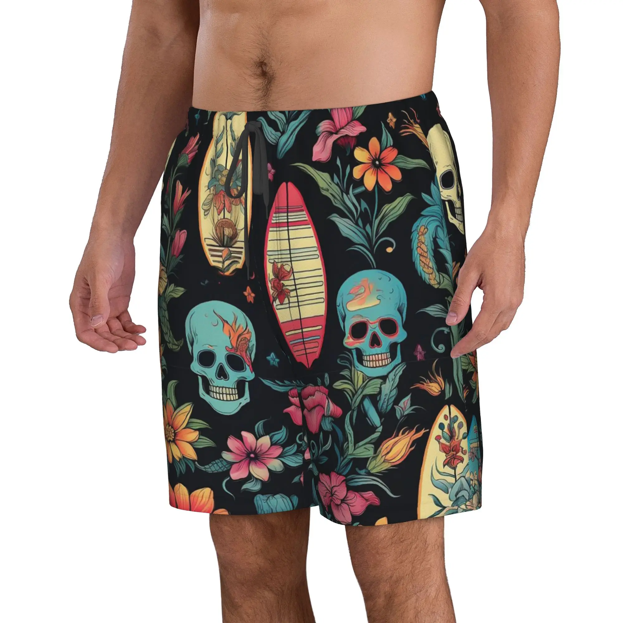 Colorful Sugar Skull Halloween Pattern Trunks Beach Board Shorts Casual Quick Dry Swimming Summer Men Pants
