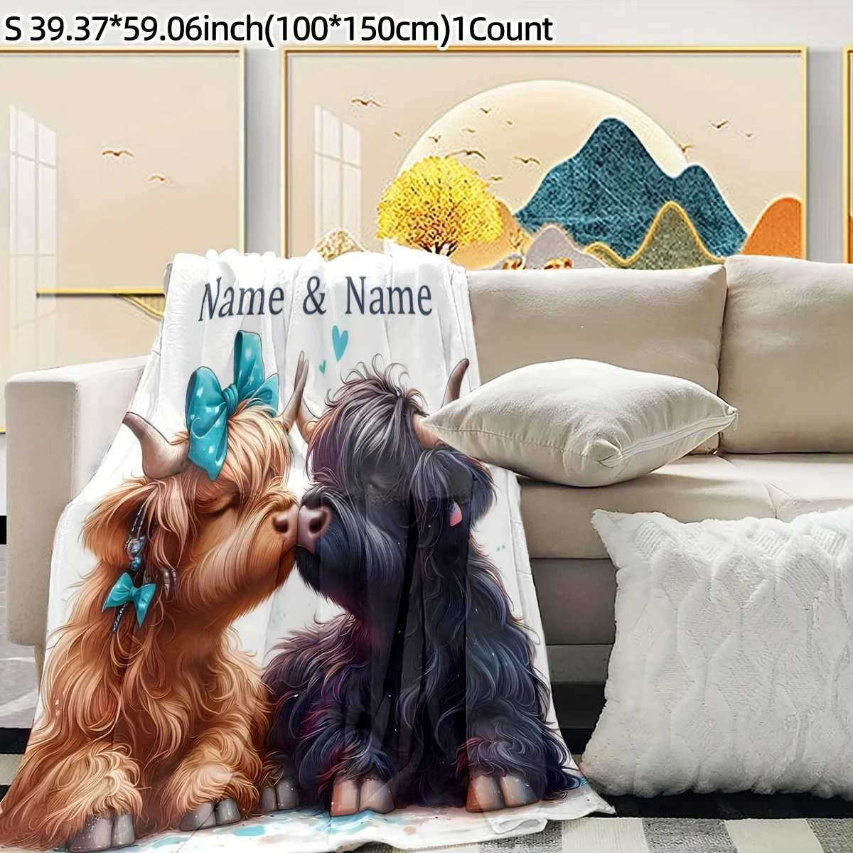Customized name highland cow blanket personalized text, comfortable flannel blanket suitable for all seasons